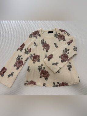 Lucky Brand Floral Knit Sweater Cream Rose Print Boho Cottagecore Size L